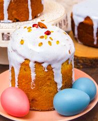 Easter sweet bread Orthodox kulich, paska decorated with icing