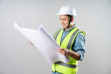 Asian engineer portrait on gray background