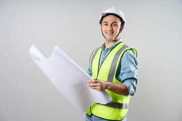 Asian engineer portrait on gray background