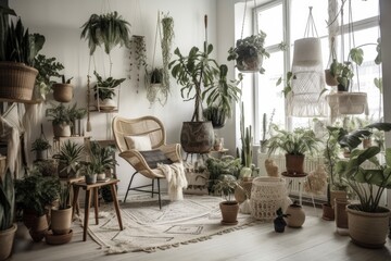 Fototapeta na wymiar A metal pole holds many macrame plant hangers with houseplants and potted plants. The warm bohemian space is decorated with boho baskets and wicker egg chairs. Generative AI