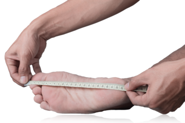 Close-up of a man measuring foot size with a measuring tape on a clipping path white background
