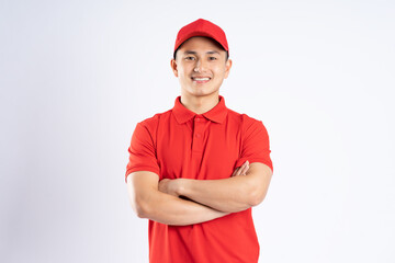 portrait of asian delivery man on white background