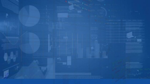 Animation of screens with statistical and stock market data processing against blue background
