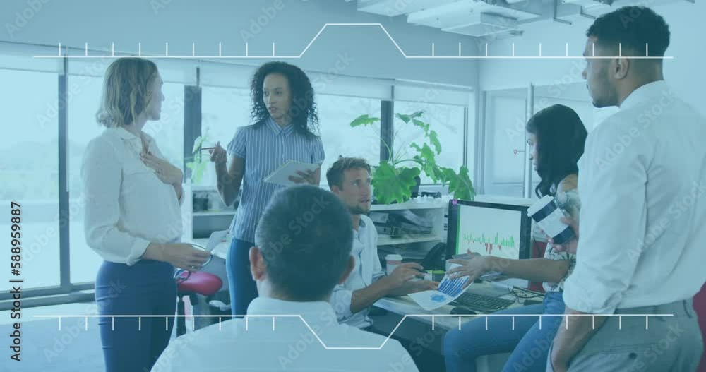 Poster animation of data processing against diverse colleagues discussing together at office