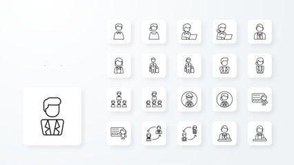 Business people icon collection with black outline style. community, cooperation, brainstorm, connection, employee, motivation, trust. Vector Illustration