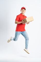 portrait of asian delivery man on white background