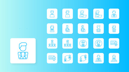 Business people icon collection with blue outline style. community, cooperation, brainstorm, connection, employee, motivation, trust. Vector Illustration