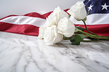 Patriotism in Bloom- American Flag and White Roses on Marble Table for Memorial Day - Generative AI 