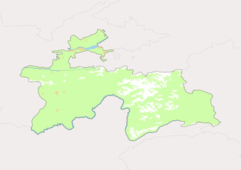 High detailed vector Tajikistan physical map, topographic map of Tajikistan on white with rivers, lakes and neighbouring countries. Vector map suitable for large prints and editing.