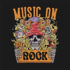 T Shirt Design Music On Let's Rock With Skull Head And Music Doodles Vintage Illustration