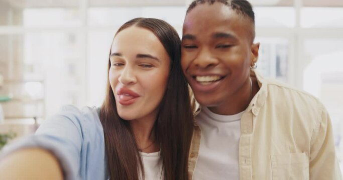 Tongue out, face selfie and couple kiss in home taking profile picture for happy memory. Portrait, interracial and black man and woman take photo, kissing cheek and peace sign emoji for social media.