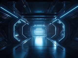 Empty dark blue studio room futuristic Sci Fi big hall room with lights blue , ai generated