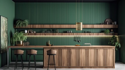 Green wall panelling with wooden shelf in kitchen , ai gen