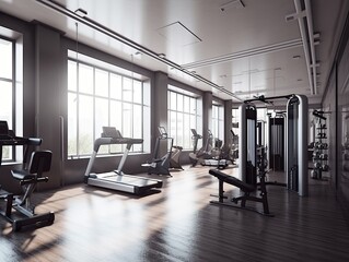 Gym room fitness center interior with equipment and machines , ai generated