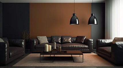 Living room have dark leather sofa , ai gen