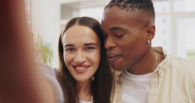 Peace sign, face selfie and couple kiss in home taking profile picture for happy memory. Portrait, interracial and funny black man and woman take photo, kissing cheek and tongue out for social media