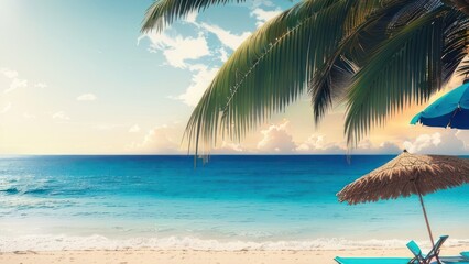 Naklejka premium Tropical beach with ocean on background. Generative AI