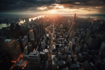 Fototapeta premium Photorealistic ai artwork of a city skyline at sunset taken from an aerial view from above. Generative ai.