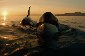 Photorealistic ai artwork of orcas or killer whales breaching the water at sunset. Generative ai.