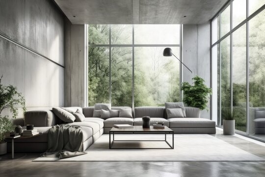 Interior of a contemporary living room with concrete and white panel walls, large windows, and plush gray sofas. mock up toned double exposed image. Generative AI