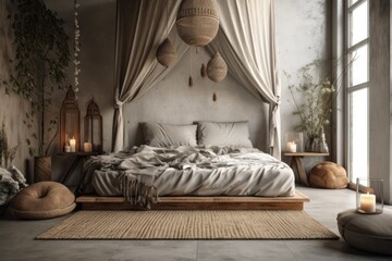 Overlooking a bohemian bedroom with a canopy bed, a wooden vintage table top or shelf with candles and stones creates a zen like atmosphere. Generative AI