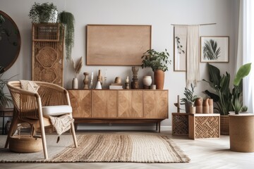 Boho living room with wooden console and exquisite decorations. Pseudo poster. Wall. Furnishings. Template. Generative AI