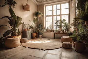 Boho room with green tropical plants and sand on floor. Generative AI