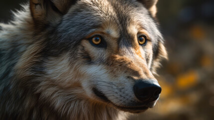 Portrait of a wolf with a gaze, close-up.  Generative AI