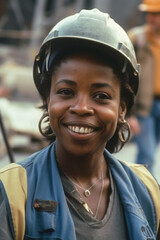 Naklejka premium Ai artwork portrait of a smiling female construction worker. Generative ai.