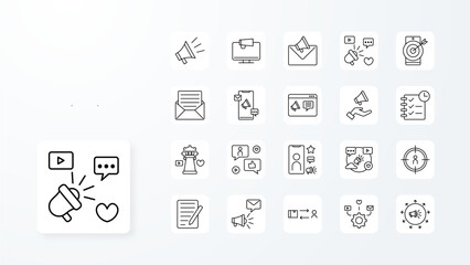 Marketing icon collection with black outline style. marketing, development, like, media, online, pay. Vector illustration