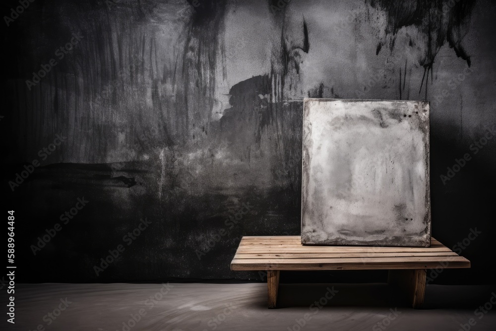 Poster metallic cube resting on a wooden surface. generative ai