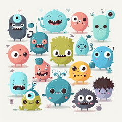 Fototapeta premium cute cartoon monsters, white background, vector illustration, Made by AI, Artificial intelligence