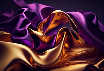 Fototapeta na wymiar Abstract Background with 3D Wave Bright Gold and Purple Gradient Silk Fabric. Generative AI