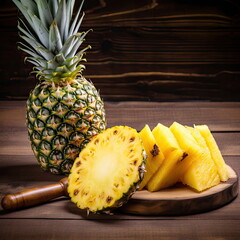 pineapple with pineapple slices on wood background