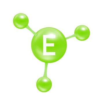 Vitamin E in the form of atoms molecules green glossy. Icon 3D file PNG used for designing advertising media. Minerals vitamins complex. Medical and science concept