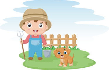 Obraz na płótnie Canvas Cute little boy cartoon with dog in the farm
