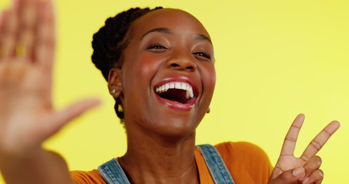 Peace sign selfie, face and happy black woman with emoji gesture, studio pose and smile for photo memory. Happiness, social media picture and closeup portrait of African female on yellow background