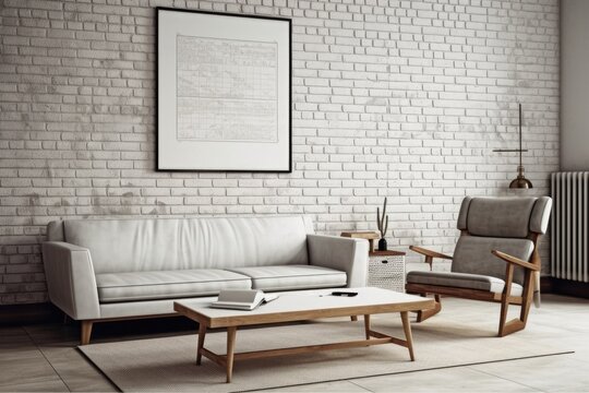 Interior of a living room made of white bricks with a leather sofa and armchair, a coffee table, and an easel holding a canvas that is not yet painted. simulated toned image. Generative AI