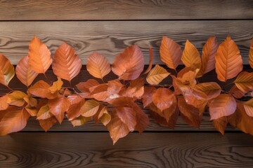 Autumnal image with brown backdrop and golden leaves. Generative AI