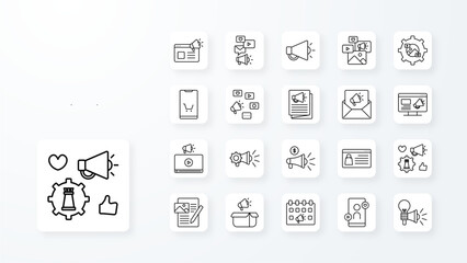 Marketing icon collection with black outline style. marketing, development, like, media, online, pay. Vector Illustration