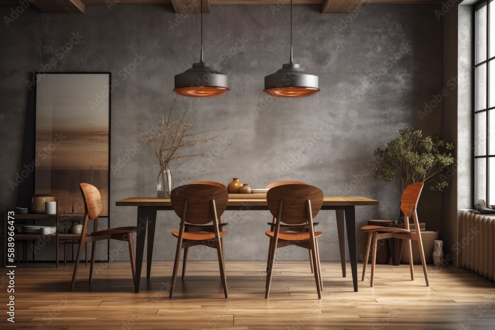 Poster interior of a dining room with a sizable table, original shape chairs, and a sizable overhead lamp. 