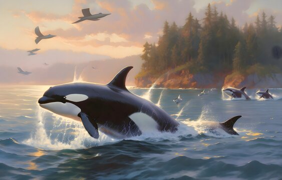 Orca swimming with its pod | Aquatic Animal illustrations/backgrounds/wallpapers/portraits |
