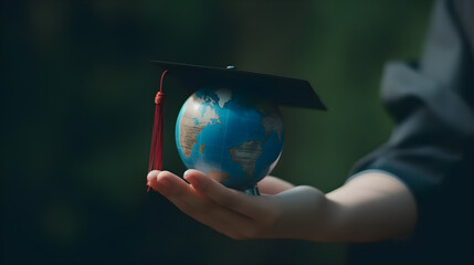 person holding planet earth with graduation cap, generative ai.