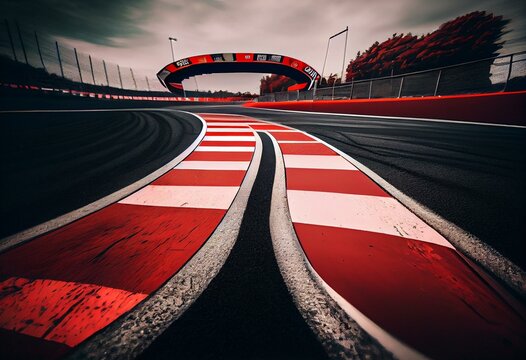 Motor Racing Circuit Red And White Kerb. A Race Track Bend With Grid Signs And Wheel Arches. Generative AI