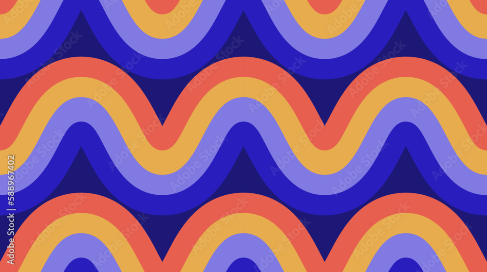 Poster retro waves seamless pattern. rainbow wavy stripes repeating background. colorful curved and wrapped
