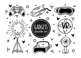 VR gadgets vector set. Glasses of virtual and augmented reality, joystick, ring lamp, webcam, pc mouse. Devices for gaming, streaming, blogging. Modern technology. Clipart for logo, apps, prints