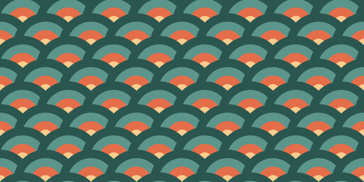 Retro arc ornament seamless pattern. Oriental concentric semi circles background. Vintage abstract geometric texture in 70s or 80s style. Colorful fabric and textile design. Vector illustration