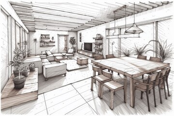 Modern dining and living room blueprint, unfinished. Table, seats, and carpet. Farmhouse decor,. Generative AI