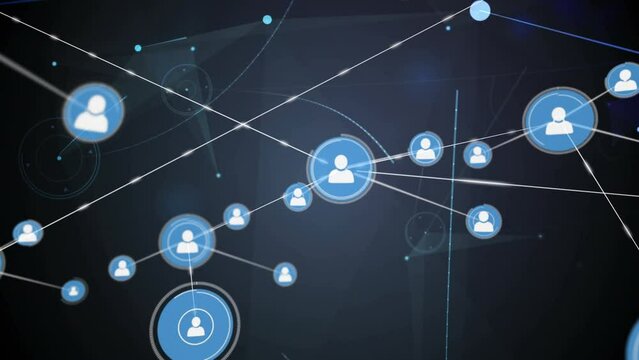 Animation of network of profile icons and plexus networks against light spot on blue background