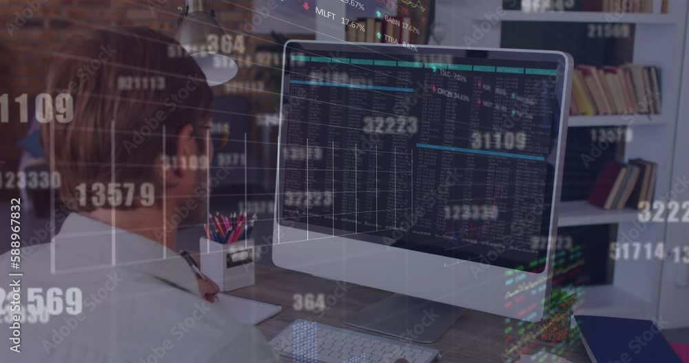 Poster animation of changing numbers, graphs, trading board over rear view of caucasian man using desktop
